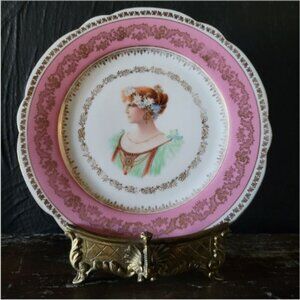Antique Higgins & Seiter New York Female Portrait Cabinet Plate Pink & White